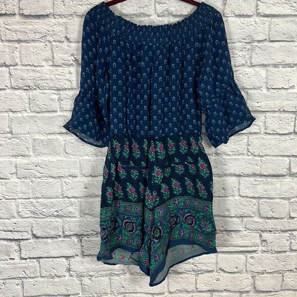 Anthropologie Kaleo Off The Shoulder Romper Navy Printed Pockets Size XS - Picture 9 of 13